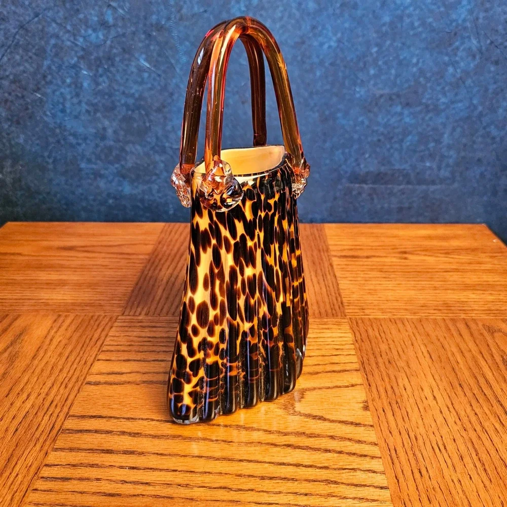 Vintage Art Glass Tortoiseshell Purse Vase Amber Brown Leopard Print Hand Blown
